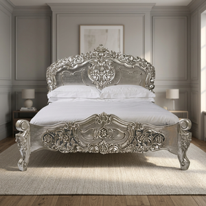 Silver Painted Solid Wood Rococo <b>Bed</b> <b>Frame</b> Modern <b>Antique</b> French Design for Bedroom or Home Office King Size - Product Image 2