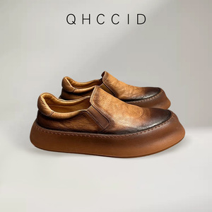 European Style Men's Retro Pleated Cowhide <b>Round</b> Toe Platform Loafers Brown Black Slip-On <b>Cushioned</b> Mid-Heel Casual Shoes - Product Image 4
