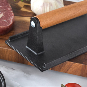 Prensa para carne de hierro fundido de alta resistencia, antiadherente, de base plana, redonda y rectangular, para carne, bistec, tocino y Smash Burger, con mango de madera - Product Image 4