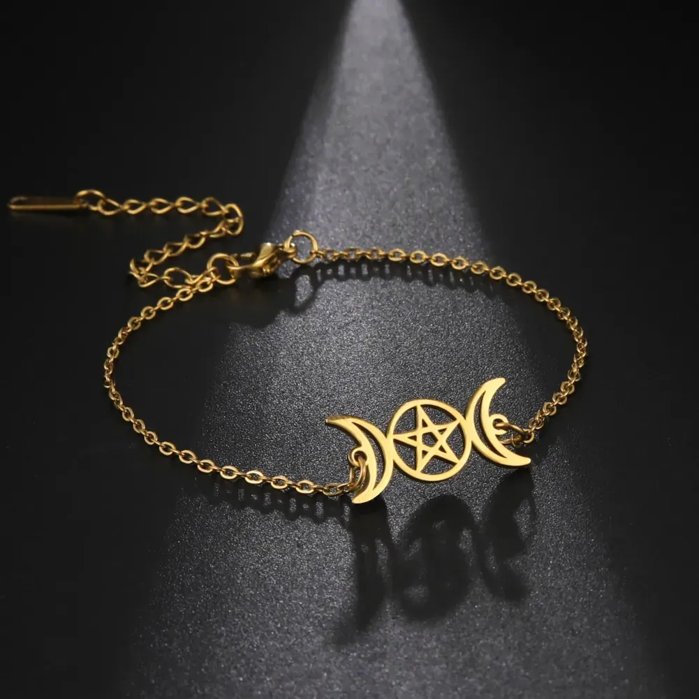 Wicca gelang Pentagram ajaib untuk wanita tiga bulan dewi baja tahan karat gelang jimat hadiah 2023