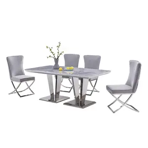 佛山家具厨房餐桌桌和6椅不锈钢金属腿大理石餐厅套装餐桌