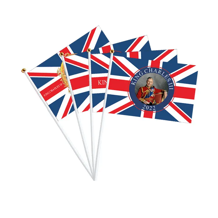 Britain United Kingdom UK King Charles III of England hand waved flag king enthroned 14x21cm small flag