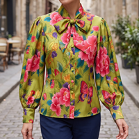 Kemeja Kasual Vintage Wanita Musim Gugur Warna Hijau Zaitun Motif Bunga Peony Besar dengan Dasi Kupu-kupu, Lengan Panjang, Kancing Satu Baris