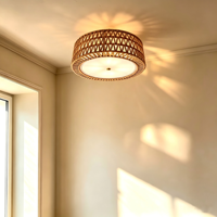 Plafonnier en rotin tressé, style bohème campagnard, rond, en bois, blanc chaud, lampe d'intérieur