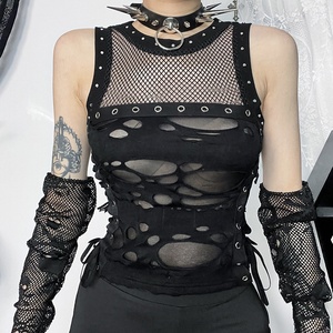 Top a Canotta Gotico Punk da Donna Nero con Tessuto Dobby in Poliestere Spandex e Occhielli Metallici per Club, Festival e Streetwear - Product Image 1
