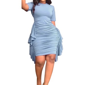 เดรสแฟชั่นผู้หญิงแขนสั้นทรงเอแบบไม่สมมาตร แต่งระบายจับจีบเข้ารูป - Product Image 5