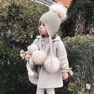 柔软保暖儿童冬帽披肩可爱豆豆针织帽婴儿毛皮绒球冬帽