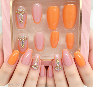 24 <span class=keywords><strong>Uñas</strong></span> Postizas Cortas Tipo Ataúd con Pedrería <span class=keywords><strong>y</strong></span> Efecto Ombré <span class=keywords><strong>Rosa</strong></span> <span class=keywords><strong>Naranja</strong></span>, <span class=keywords><strong>Uñas</strong></span> Acrílicas Artificiales de Cobertura Completa - Product Image 2