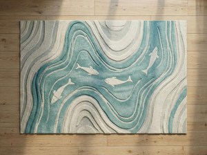 Hand Tufted Teal Off White Fish Wool Area <b>Rug</b> with Modern Wavy River Inspired Texture for Living Room Bedroom Nursery Kids <b>Space</b> - Product Image 6