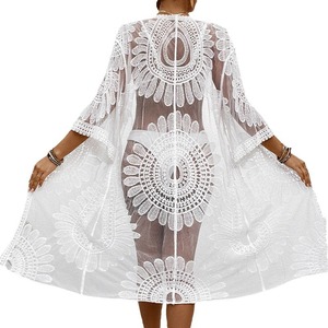 <span class=keywords><strong>Kimono</strong></span> de plage pour femme en mousseline de soie à motif floral, broderie en dentelle, maille transparente, col en V, manches mi-longues, ceinture à nouer, <span class=keywords><strong>cardigan</strong></span> midi - Product Image 5