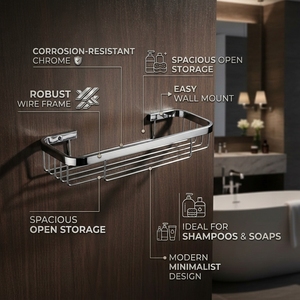 Étagère de salle de bain rectangulaire murale chromée à un seul niveau en acier inoxydable avec drain, organisateur de rangement étanche - Product Image 2