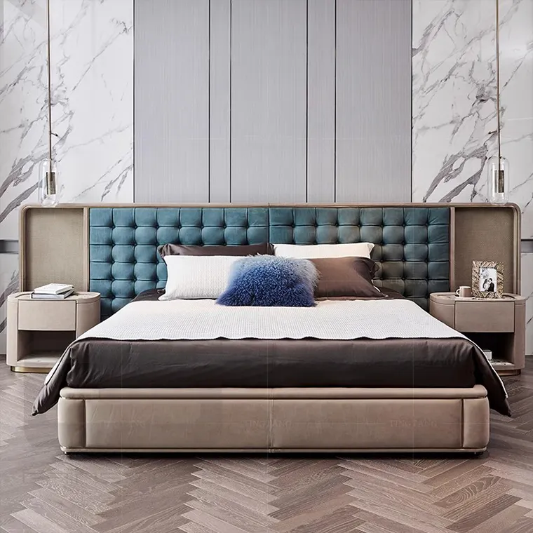 Nieuwste Ontwerp Postmoderne Zwart Lederen Kingsize Bed En Nachtkastje Slaapkamers Set Modern Italiaans Luxe Bed Met Hoofdeinde