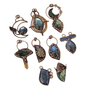 Joyería soldada Piedra preciosa natural Labradorita Forma libre Lágrima Colgante Cuerda <span class=keywords><strong>de</strong></span> cuero Collar Antiguo Chapado en cobre - Product Image 5