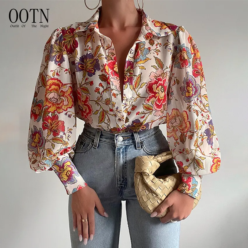 OOTN Female Elegant Casual Vintage Office Ladies Clothing Single Breasted Lantern Sleeve Blouses Spring Print Women's Shirt