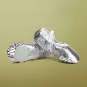 รองเท้าเต้นบัลเลต์สำหรับเด็ก1 1รองเท้าเต้นบัลเล่ต์สีเงินสีทองทำจากหนัง PU นุ่มใช้ออกกำลังกายสำหรับผู้หญิง - Product Image 2