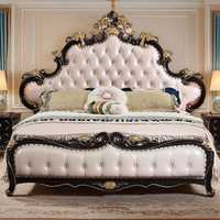Lit king-size en bois massif sculpté de style européen luxueux, style princesse royale, lit pour la maison ou l'hôtel, ensemble de lit en cuir véritable de style américain classique de luxe