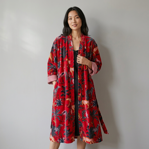 <b>Red</b> Animal Print Velvet Robe Women's Long Three Quarter Sleeve Wrap Coat Winter Fashion Outerwear - Product Image 1