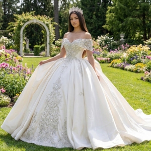Xs288 Ivory Satin Bridal Gown With Silver Beaded Corset Off Shoulder Pleated Ball Gown For Boutique <b>Wedding</b> Jancember - Product Image 1