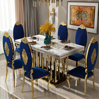 Table à manger rectangulaire moderne de luxe en marbre blanc avec base en acier inoxydable doré, meubles de salle à manger pour la maison, Minis MN-DT108