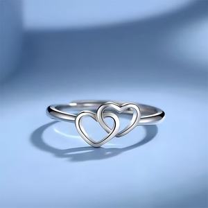 S925 <b>Sterling</b> <b>Silver</b> <b>Adjustable</b> Heart-to-Heart <b>Ring</b> Fine Plain Jewelry for Wedding and Party IGI Certified <b>Silver</b> Plated - Product Image 1