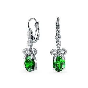 Italian 925 Sterling Silver Jewelry French Clip On Dance Emerald Stone Fashion Drop Bow Earrings