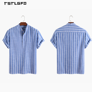 Camisa de Hombre de Lino y Algodón a Rayas con Cuello Mao, Manga Corta, Estilo Casual Old Money, Top Henley de Verano - Product Image 5
