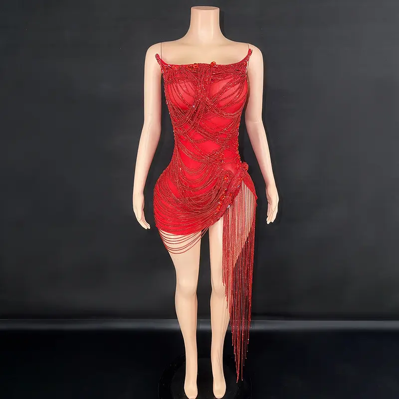 ZHEZHE Party Dresses Women Beaded Tassel Chain Women's Clothing Fall 2023 Elegant Women Evening Dress Red Crystal