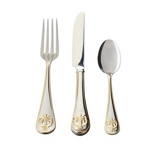 Ensemble de couverts élégants en métal avec motif floral doré, finition miroir haute brillance, passe au lave-vaisselle, ensemble de couverts de table pour mariage, 3 pièces - Product Image 1