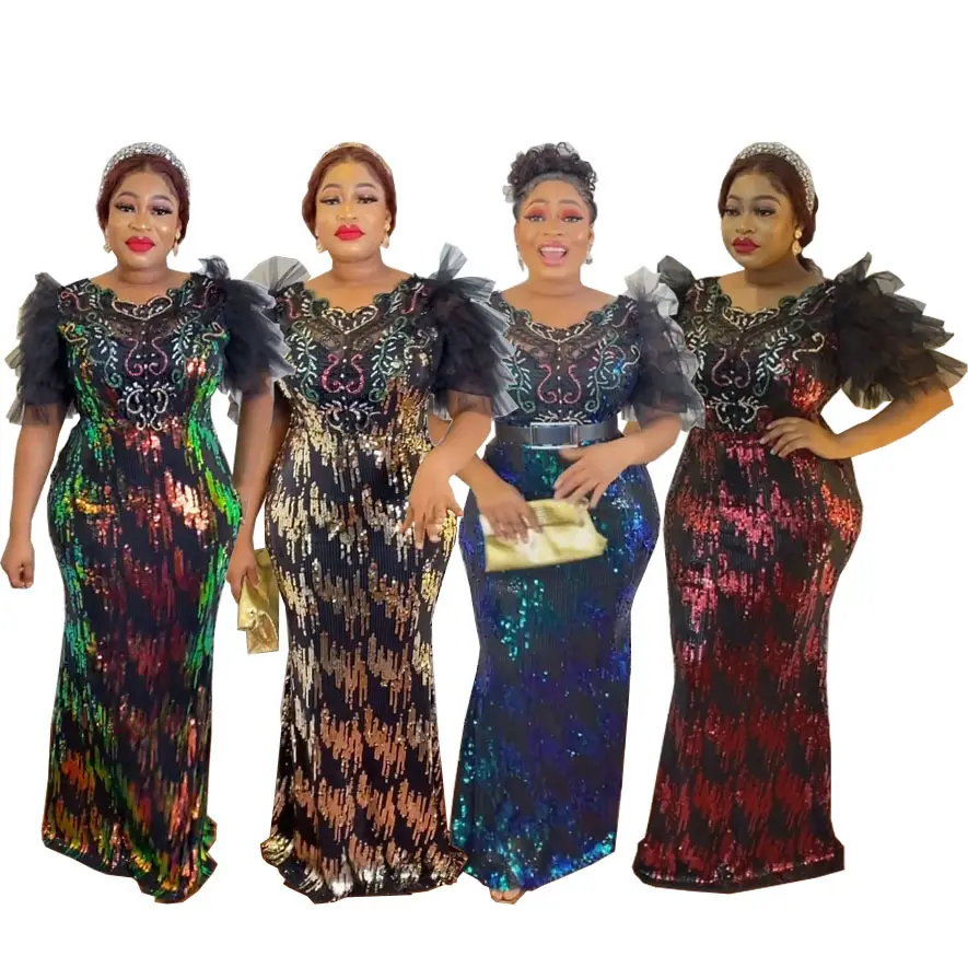 Mode brillant luxe élégant Dashiki fête formelle Maxi robes pour femmes moulante élastique euraméricain Offre Spéciale Bazin robe à paillettes