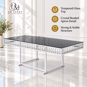 Premium Stainless Steel Banquet <b>Table</b> Black Glass Top Crystal Trim Silver Frame Event Rental Wholesale Supplier - Product Image 1