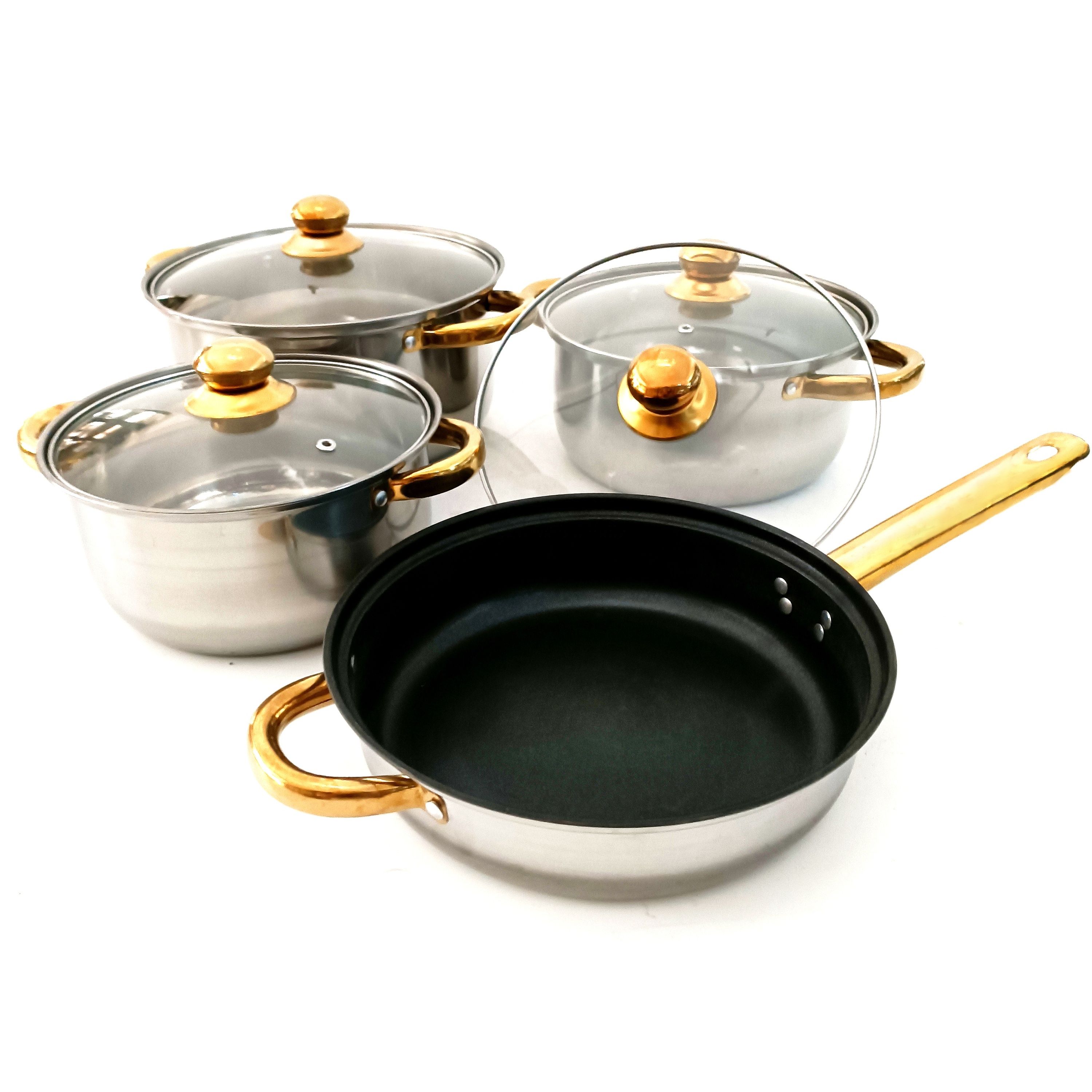 12pcs Modern Stainless Steel Cookware Set with Cooking Pots and Pans Single Bottom Lid Gold Glass Lids · image 4
