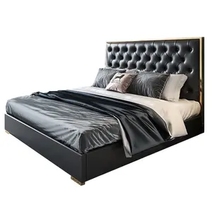 Modern leather up-holstered king size double beds designer furniture manufacturer;luxury leather bed
