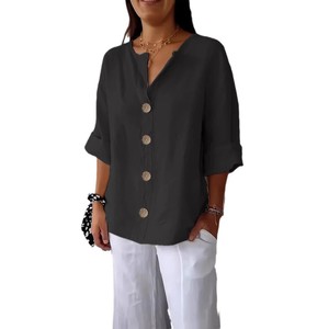 Camiseta Holgada de Verano para Mujer, Estilo Europeo y Americano, Cuello en V, Algodón y Lino, con Botones, Moderna y Versátil - Product Image 4