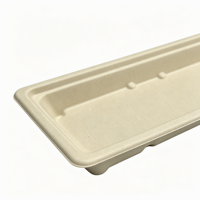 Afbreekbare, recyclebare, wegwerpbaar rechthoekig sushi- en fruitplateau, stapelbaar, geschikt voor magnetron, van bagasse, voor fastfood.