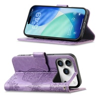 Étui portefeuille à rabat pour iPhone 18 17 Pro Max avec porte-cartes, motif papillon et fleur en relief, en cuir PU