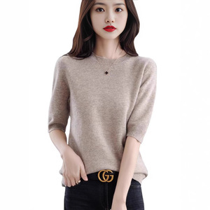 Women's Knitted Short Sleeve Sweater Loose Fit Round Neck <b>Wool</b> <b>Base</b> <b>Layer</b> Spring Autumn Solid Color Smlxlxxl - Product Image 5