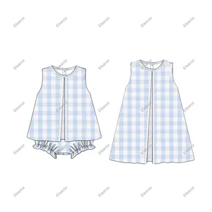 Light blue gingham sleeveless baby girl dress clothing summer sisters matching toddler kids dresses for girls