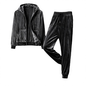 Ensemble de survêtement unisexe en velours, veste à capuche zippée, pantalon à taille élastique, couleur unie, tenue décontractée d'hiver, manches longues, coupe ample - Product Image 3