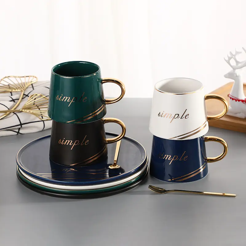 Wholesale Nordic Ceramic Tea Coffee Cup Sets With Big Round Saucer Morden Luxury 200ml Coffee & Tea Sets Enamel Mug Custom Logo