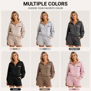 Ensemble short et sweat-shirt demi-zip en molleton de coton OEKO-TEX pour femme, fabrication OEM, logo personnalisé, marque privée, faible MOQ, vente en gros - Product Image 5