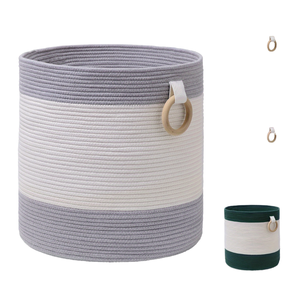 Nuohui <b>Foldable</b> Fabric Cotton Rope Toys Clothes Storage Durable Strong Woven <b>Laundry</b> <b>Basket</b> with Wooden Handle - Product Image 1