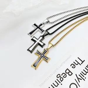 Hip Hop Jewelry Stainless Steel Long Chain Carbon Fibre Black Ion Metal Cross Pendant Necklace