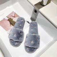 Pantoufles plates pour femmes à bout ouvert, brodées de fleurs, en peluche, à semelle souple antidérapante et respirante, pour la maison, vente en gros
