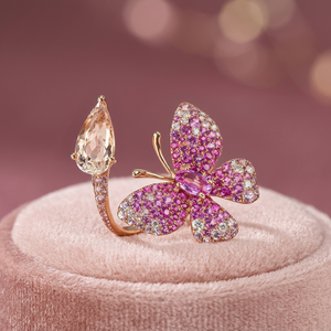Rose <b>Gold</b> Butterfly <b>Cocktail</b> <b>Ring</b> With Morganite Pear Cut And Pave Pink Gemstones For Women Luxury Party Jewelry - Product Image 4