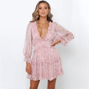 <span class=keywords><strong>Robe</strong></span> décontractée à manches longues et col en V, style bohème, pour femmes, été, <span class=keywords><strong>robe</strong></span> courte à fleurs, <span class=keywords><strong>robe</strong></span> bohème sexy pour femmes - Product Image 1