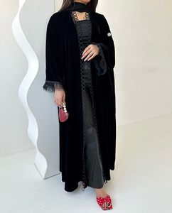 Abaya Musulmana di Lusso Personalizzata con Bordo in Pizzo per <span class=keywords><strong>Donna</strong></span>, Modello Aperto Nero con Dettaglio Circolare, Abito <span class=keywords><strong>Musulmano</strong></span> Femminile 2025 Dubai - Product Image 6