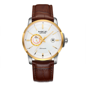 MIGE Men's Automatic Mechanical <b>Watch</b> Stainless Steel <b>Case</b> 42mm Sapphire Crystal Leather Strap Date Display Business Style - Product Image 2