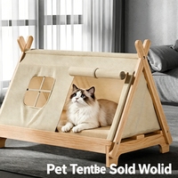 Cama Elevada Moderna de Madera para Perros y Gatos, Diseño Sólido con Cierre de Correa, Casa Cerrada Acogedora para Mascotas Pequeñas, Apta para Todas las Estaciones