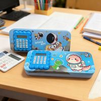 Trousse à crayons double face en plastique pour enfants, motif astronaute et dinosaure mignon, pour l'école primaire, 23x8.5x3.5cm