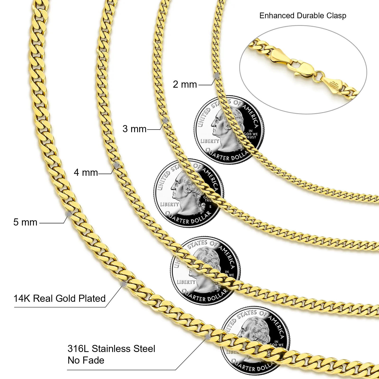 Wholesale Non Tarnish 14K Real Yellow Gold Plated Curb Link 2MM 3MM Miami Stainless Steel Jewelry Women Men Cuban Chain Necklace